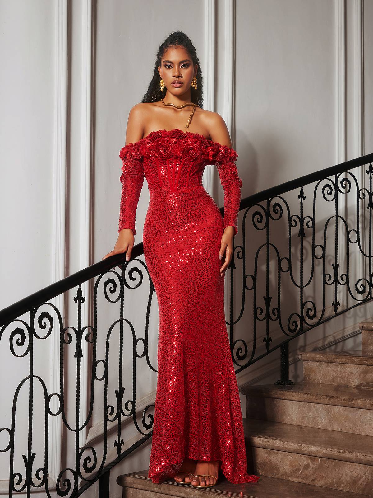 Catherynne Off Shoulder Flower Sequin Maxi Dress